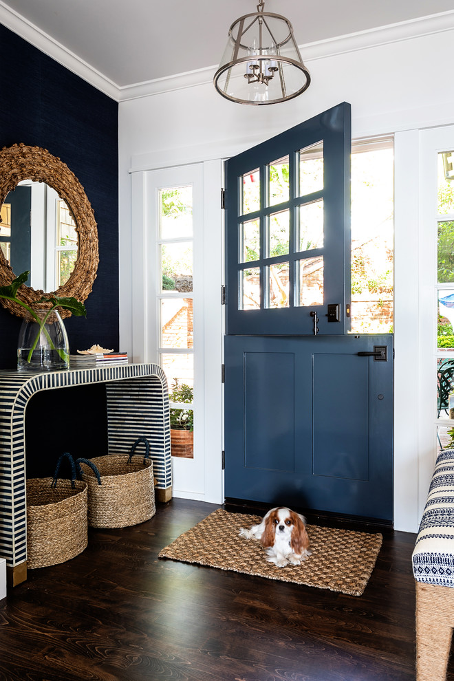 Inspiration for a mid-sized beach style front door in Sacramento with white walls, dark hardwood floors, a double front door and a blue front door.