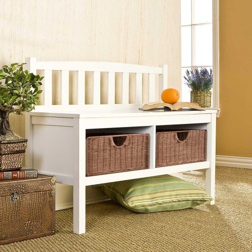 Brazos White Bench With Brown Rattan Baskets Tropical Accent And Brazos White Bench With Brown Rattan Baskets