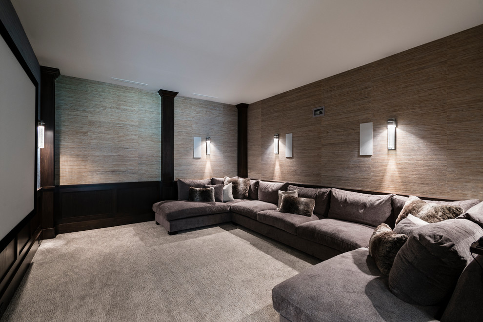 Inspiration for a large traditional enclosed home theatre in Vancouver with grey walls, carpet, a projector screen and grey floor.