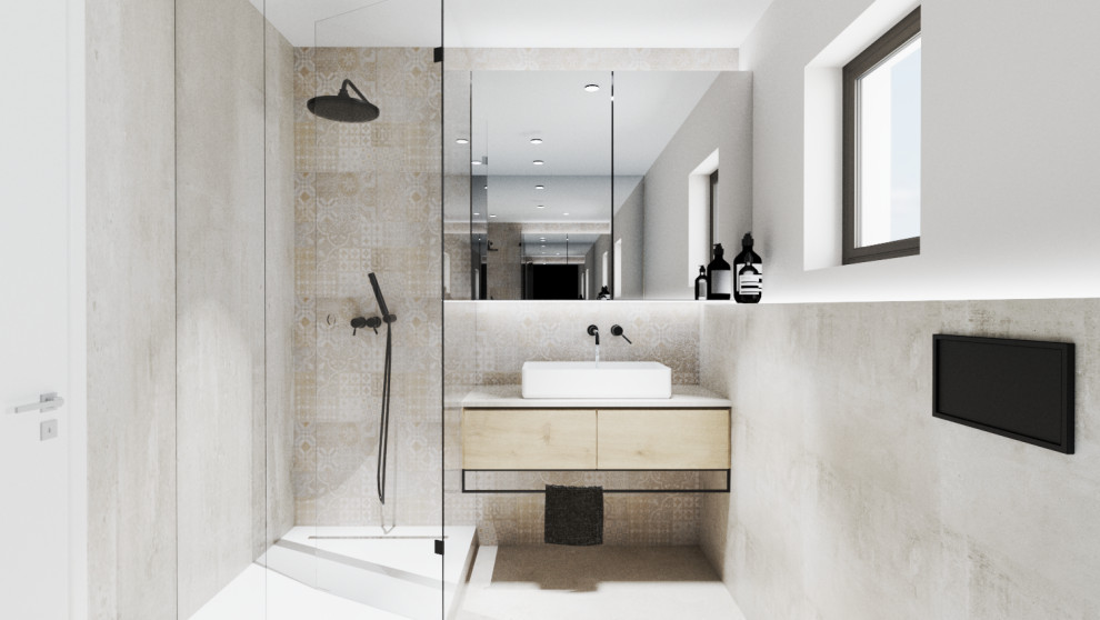 Photo of a small scandinavian master bathroom in Munich with flat-panel cabinets, brown cabinets, a drop-in tub, a wall-mount toilet, beige tile, cement tile, beige walls, concrete floors, solid surface benchtops, beige floor, a hinged shower door, white benchtops, a single vanity and a floating vanity.