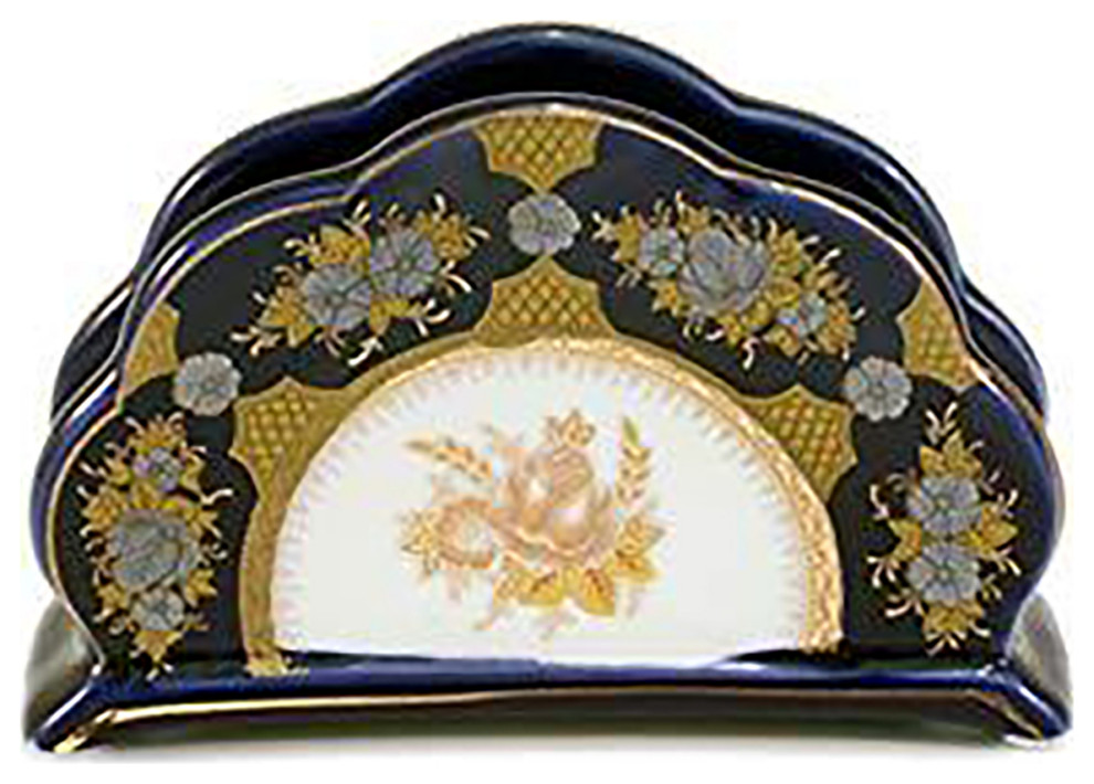 Royalty Porcelain Cobalt Blue Napkin Holder Decorated With Gold Flowers, Roses Traditional