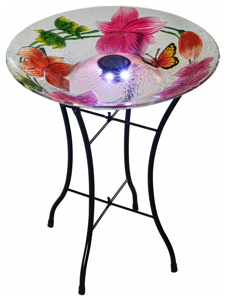 Outdoor 18" Flower Fusion Glass Solar Bird Bath With Stand