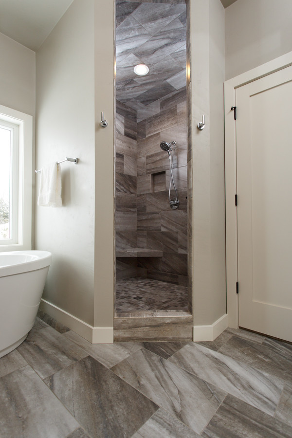 Freestanding bathtub - mid-sized transitional master gray tile and ceramic tile ceramic tile and gray floor freestanding bathtub idea with gray walls