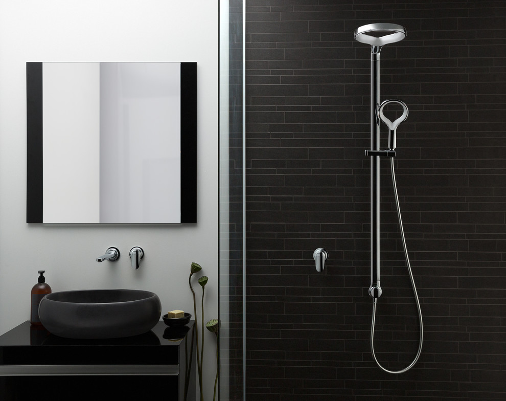 Inspiration for a contemporary master bathroom in Melbourne with an open shower and gray tile.