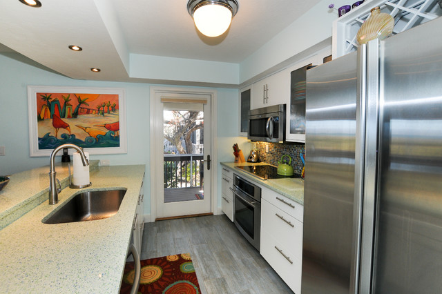 Kitchen With Green And Blue Quartz Countertops Coastal Kitchen