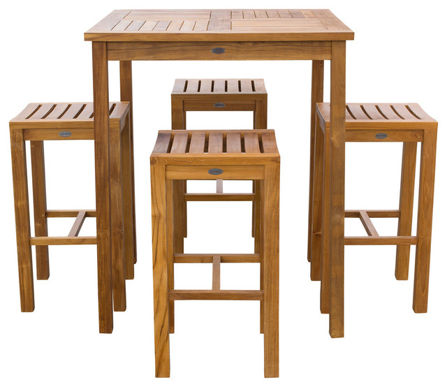 5-Piece Teak Wood Havana Patio Bar Set with 35" Square Table and 4 Barstools