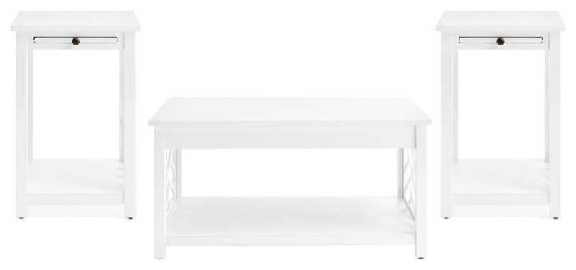 Coventry 36" Wood Coffee Table and Two End Tables with Tray Shelf - White