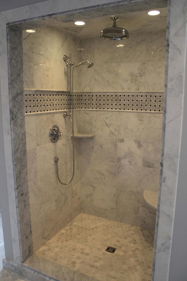 Inspiration for a transitional 3/4 gray tile and subway tile marble floor double shower remodel in Boston with gray walls