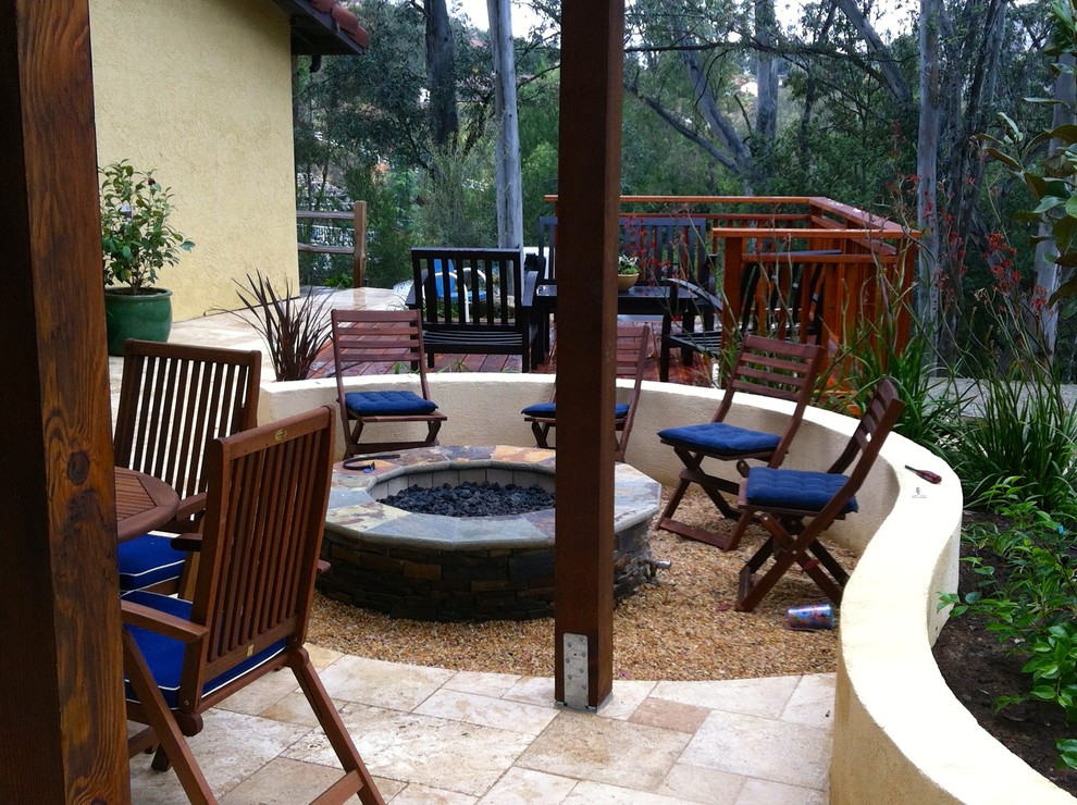 Inspiration for an arts and crafts backyard garden in San Diego with a fire feature and decking.