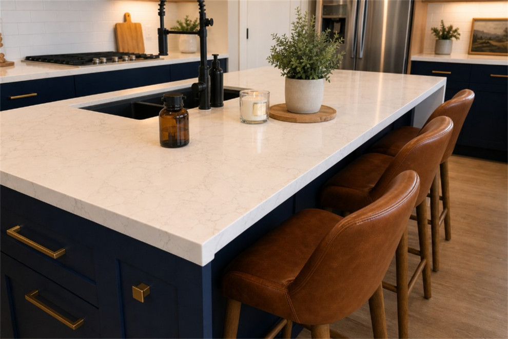 AFTER: ISLAND DETAIL — QUARTZ, BRASS & BLACK FIXTURES