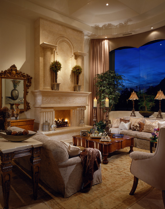 Inspiration for an expansive traditional formal open concept living room in Phoenix with beige walls, travertine floors, a standard fireplace, a stone fireplace surround and no tv.