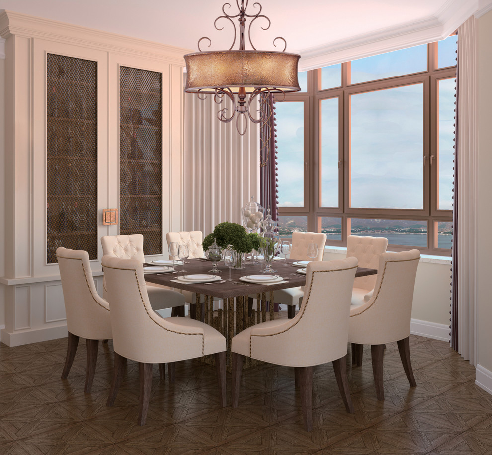 Inspiration for a mid-sized contemporary dining room in New York with beige walls and medium hardwood floors.