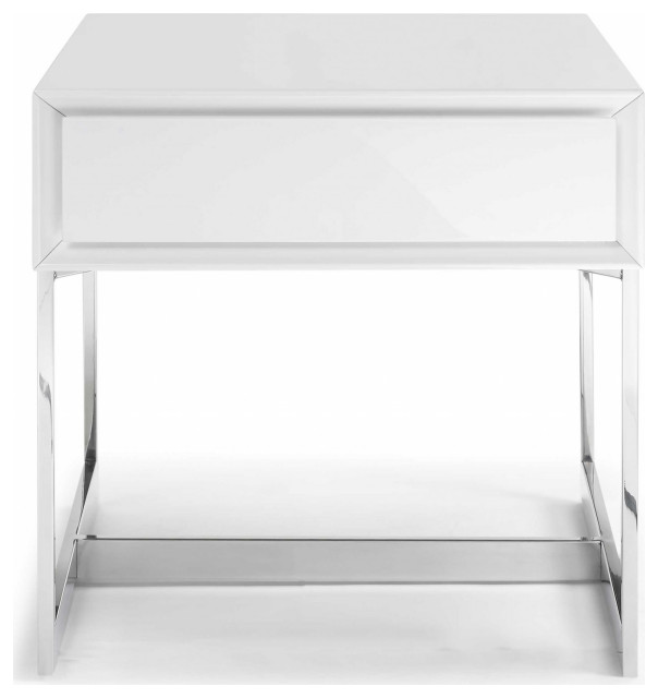 HomeRoots Side Table High Gloss White One Drawer Polished Stainless Steel Legs Contemporary