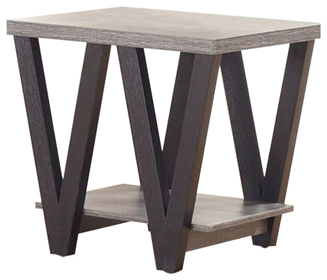 Zigzag Contemporary Solid Wooden End Table With Bottom Shelf, Gray and