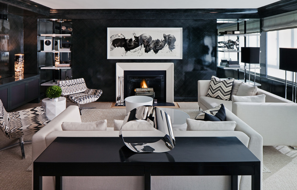 Contemporary open concept living room in New York with black walls, carpet, no tv, a standard fireplace and a wood fireplace surround.