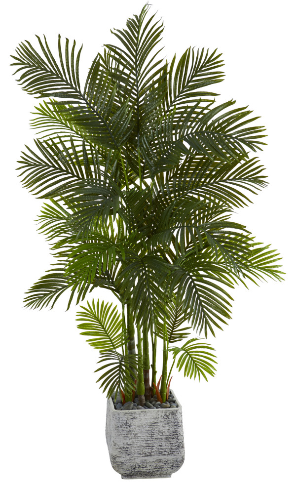 75" Areca Palm Artificial Tree, White Planter Modern Artificial