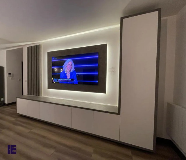 L shaped Floor TV Unit in Grey Gloss Finish in Watford by Inspired Elements Modern Home Cinema London by Inspired Elements Ltd Houzz UK