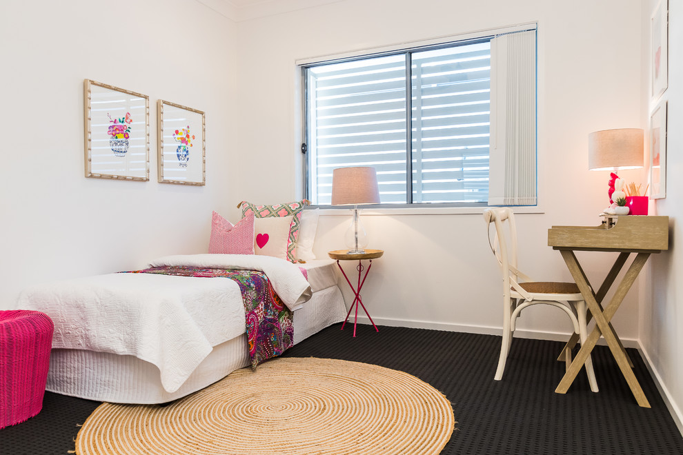 Inspiration for a contemporary bedroom in Brisbane with white walls, carpet and black floor.