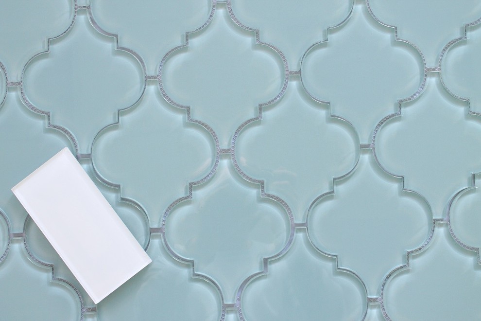 Jasper Blue Arabesque Glass Mosaic Tile, Sample Mediterranean