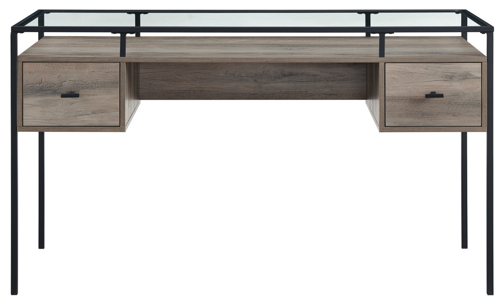 56" 2 Drawer Glass Top Desk, Gray Wash Industrial Desks And Hutches