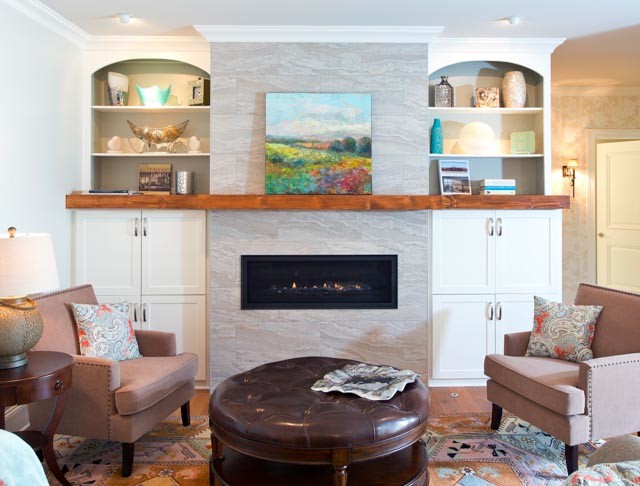 Mid-sized transitional formal and open concept dark wood floor and brown floor living room photo in Nashville with gray walls, a ribbon fireplace, a stone fireplace and no tv