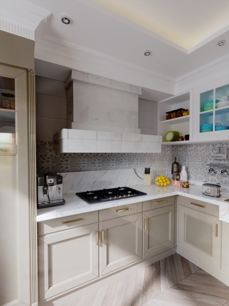 Kitchen pantry - mid-sized modern l-shaped marble floor, beige floor and tray ceiling kitchen pantry idea in New York with a drop-in sink, glass-front cabinets, white cabinets, wood countertops, white backsplash, wood backsplash, stainless steel appliances, an island and white countertops