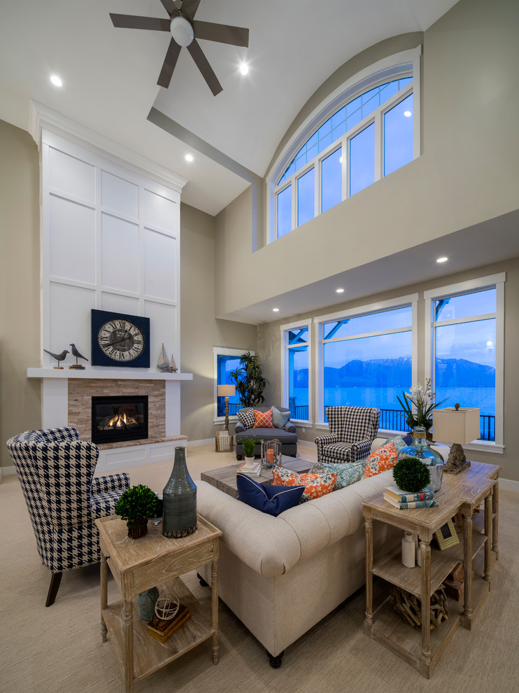 Design ideas for a large transitional open concept living room in Salt Lake City with beige walls, carpet, a standard fireplace, a stone fireplace surround and no tv.