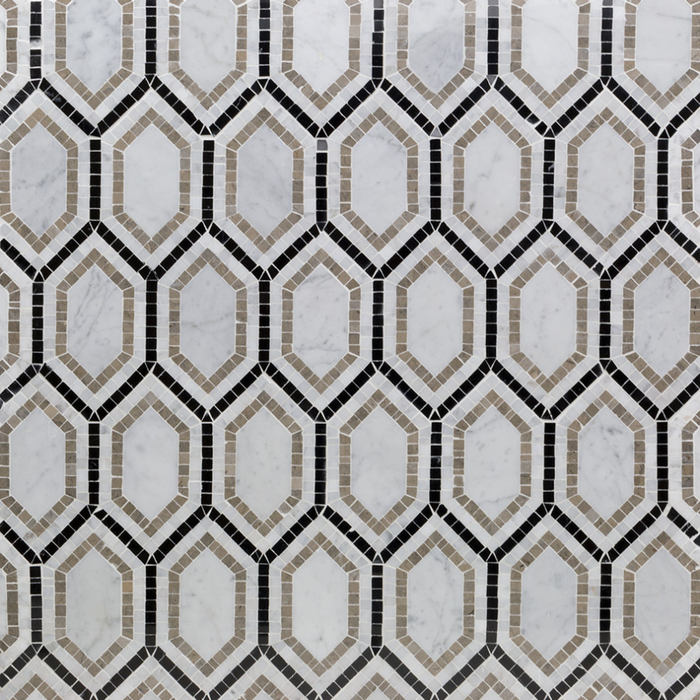 Infinite Hexagon Waterjet Polished Marble Mosaic Tile, Carrara/Lagos