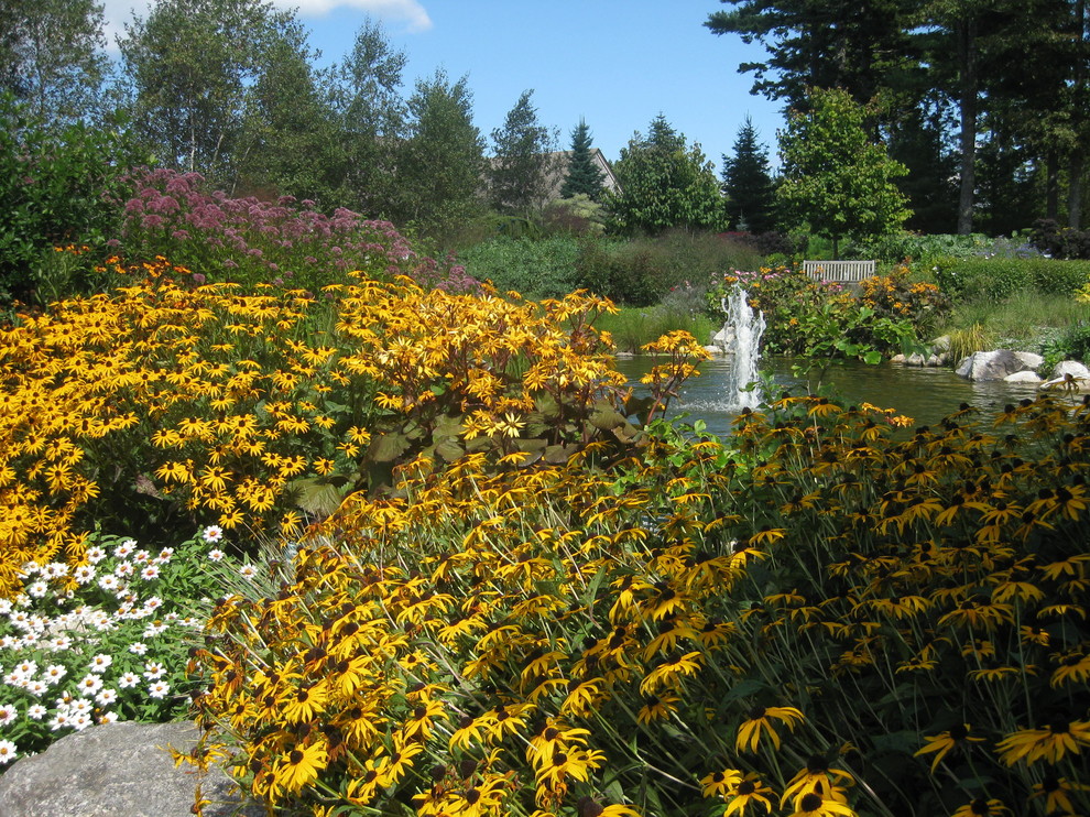 Design ideas for a huge rustic full sun backyard pond for summer.