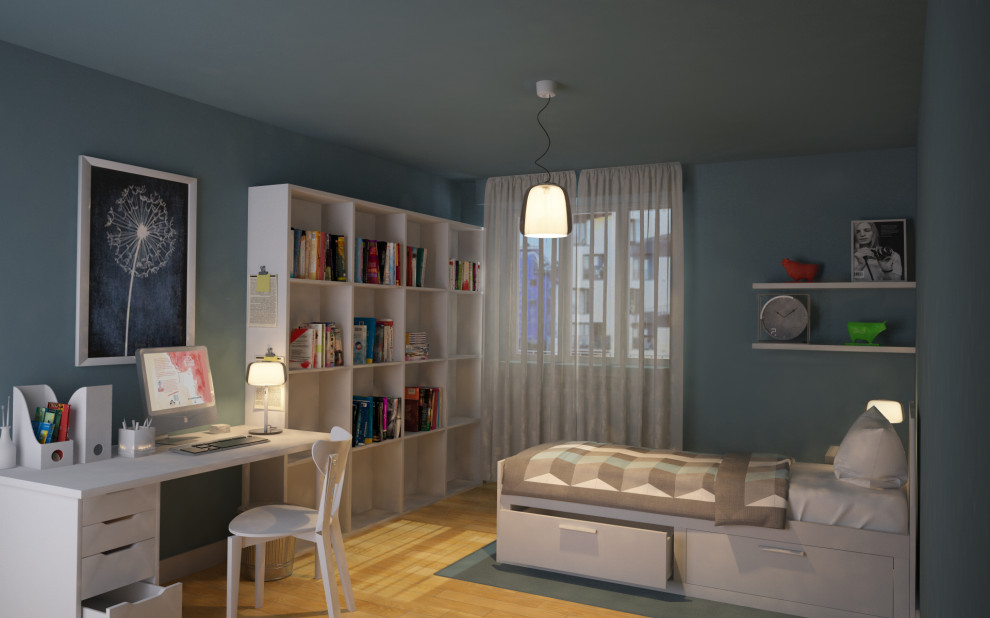 Esempio di una camera da letto minimal di medie dimensioni con pareti grigie, pavimento in legno massello medio e pavimento marrone