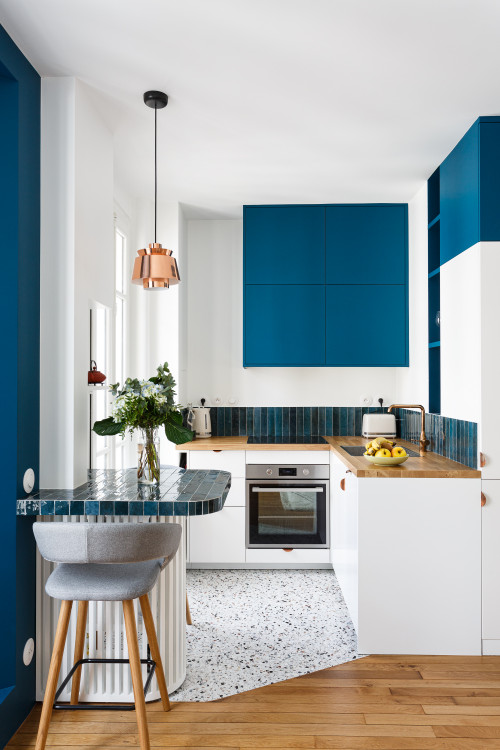 Contemporary Kitchen Design with Aqua-Blue Coloured Cabinets and