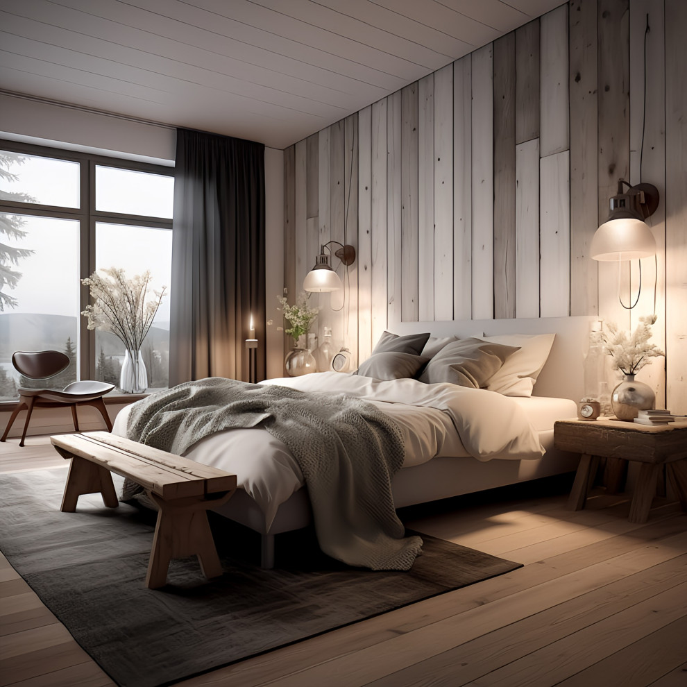 Mittelgroßes Modernes Hauptschlafzimmer mit hellem Holzboden, Holzdecke und Holzwänden in New York
