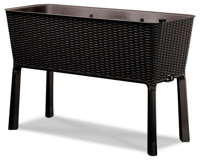 Modern Dark Brown Resin Wicker Raised Garden Bed Planter with Water