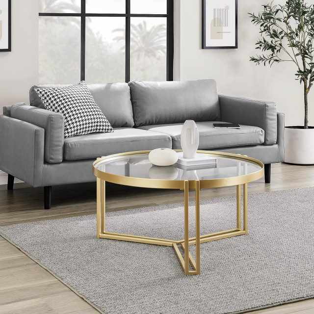 Modern Coffee Table, Elegant Design With Metal Frame & Round Glass Top ...