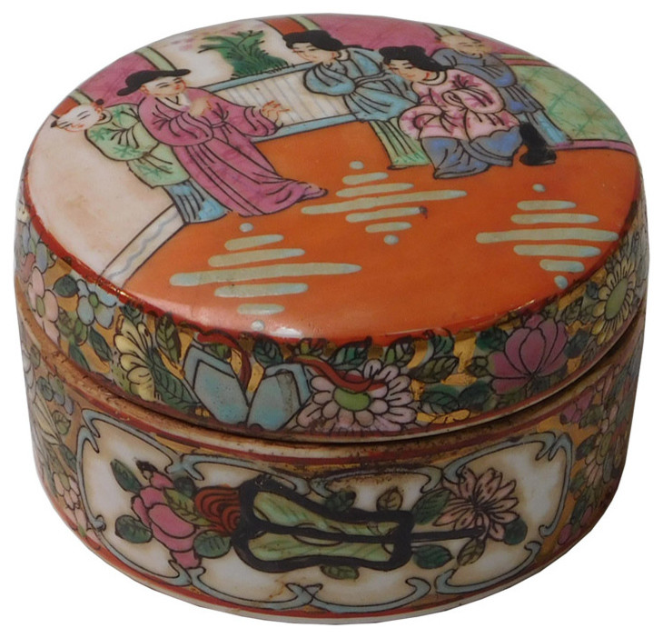 Chinese Oriental Porcelain People Scenery Container Box Asian