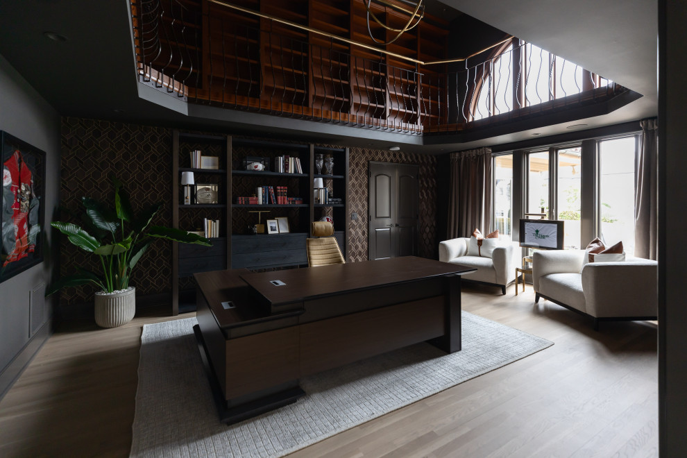 Example of a beach style freestanding desk wallpaper home office design in Nashville with black walls