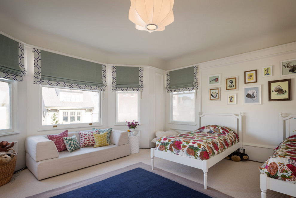 This is an example of a transitional bedroom in San Francisco with white walls and carpet.