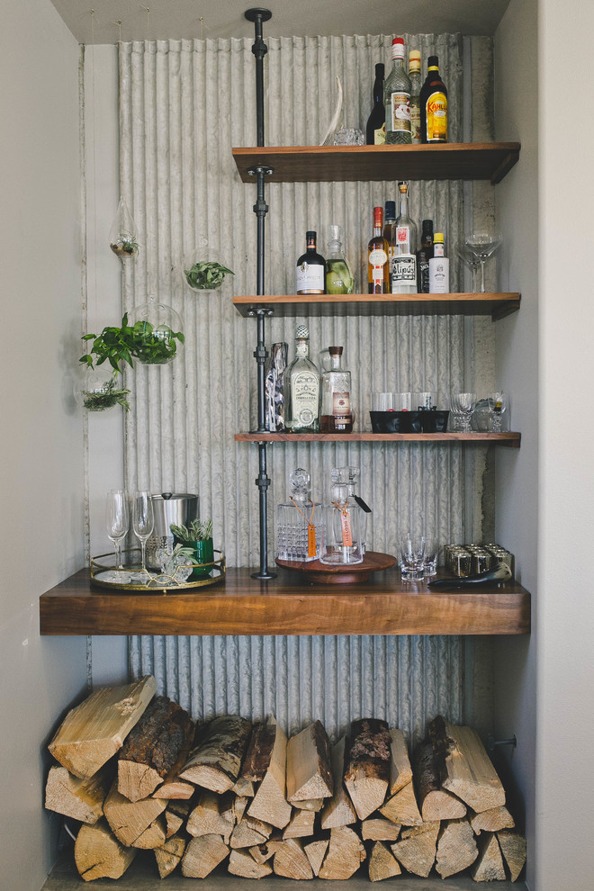 Design ideas for a small country single-wall home bar in San Diego with open cabinets, medium wood cabinets, wood benchtops, grey splashback, metal splashback, slate floors and brown benchtop.
