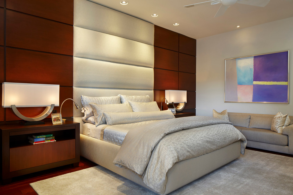 Design ideas for a contemporary master bedroom in Miami with white walls, dark hardwood floors and no fireplace.