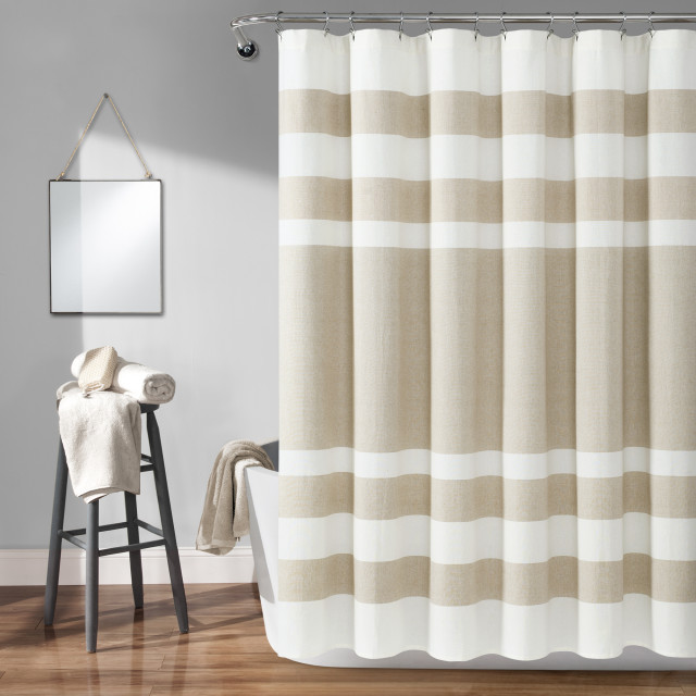 Cape Cod Stripe Yarn Dyed Cotton Shower, Black Grey Beige Shower Curtain Rod