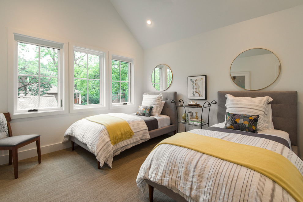 Transitional guest bedroom in Austin with white walls, carpet, no fireplace and beige floor.