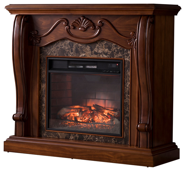 Eugene Faux Marble Infrared Electric Fireplace, Walnut Traditional