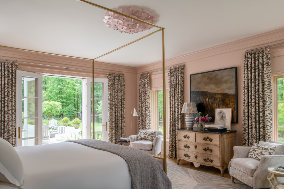 This is an example of a traditional grey and pink bedroom in Other.
