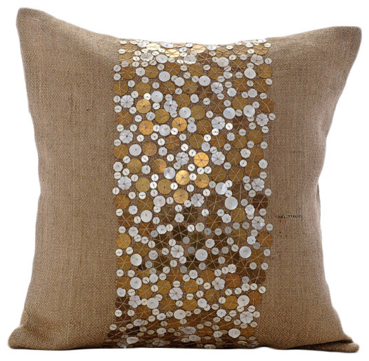 Beige Metallic Sequins Earthy Burlap Pillows Cover, Gold Silver Sands
