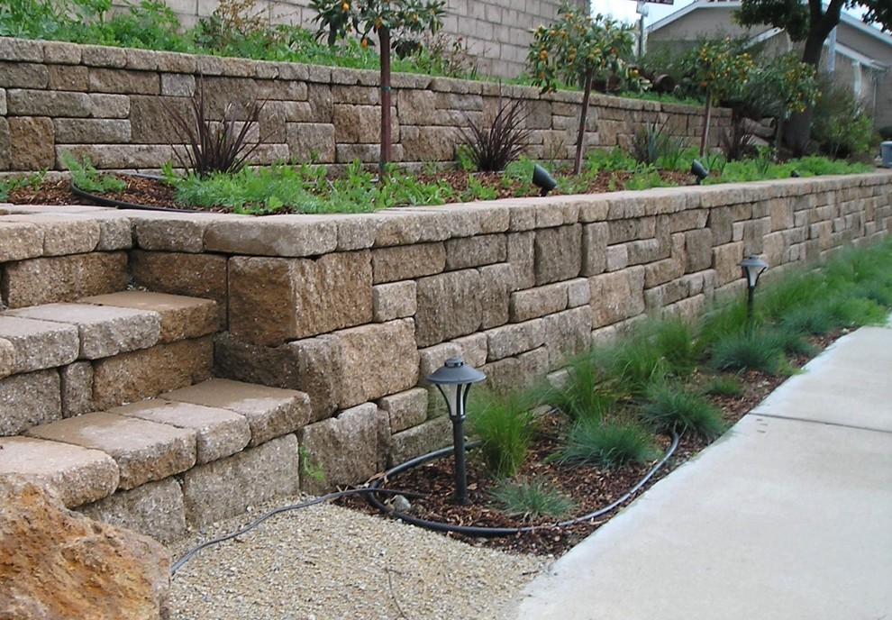 Design ideas for a mid-sized traditional backyard xeriscape in San Luis Obispo with a retaining wall and natural stone pavers.