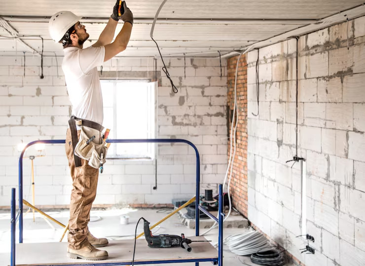 Construction worker in a hard hat standing on a platform, installing ceiling wiring in an unfinished room.