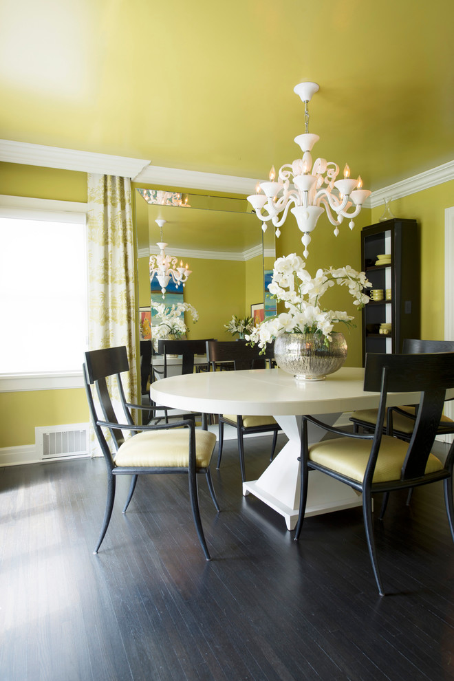 Design ideas for a mid-sized traditional separate dining room in Other with green walls and dark hardwood floors.
