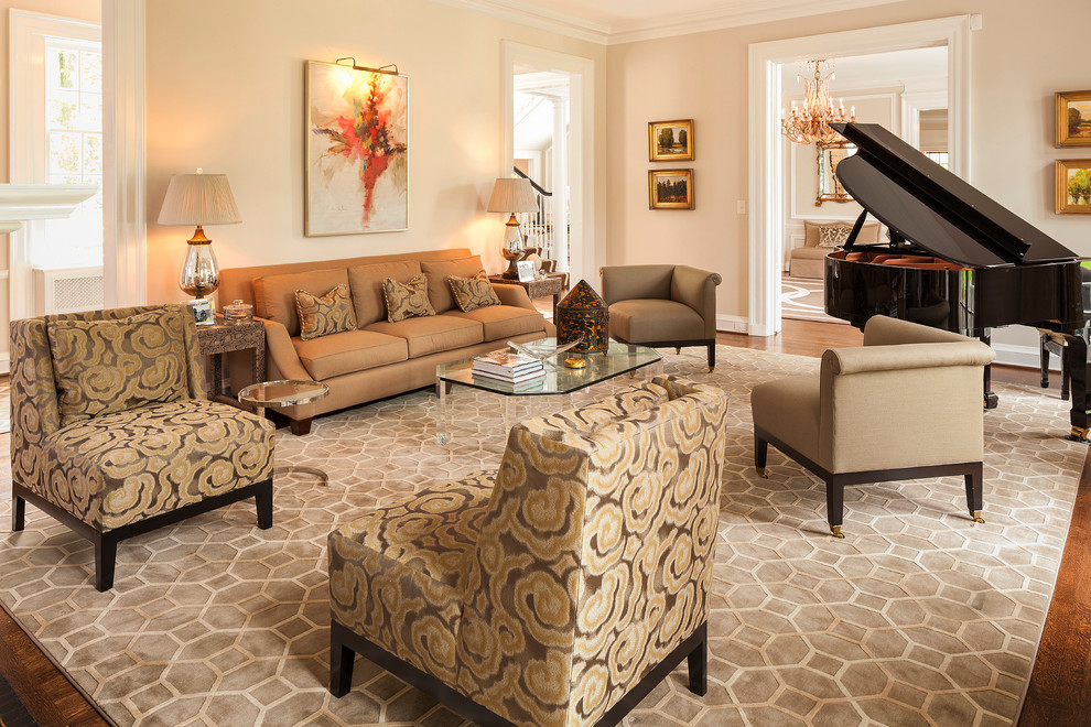 Design ideas for a traditional formal enclosed living room in Raleigh with beige walls and dark hardwood floors.
