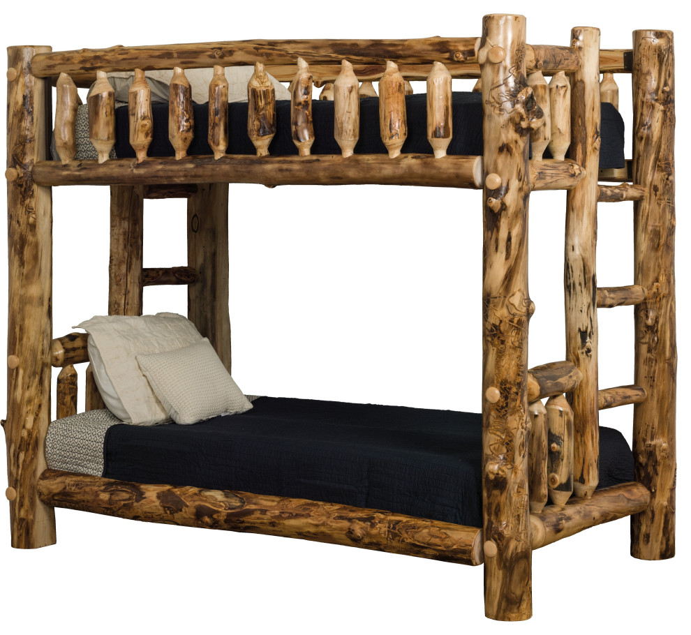 Rustic Aspen Log Mission Style Bunk Bed, Queen Over Queen