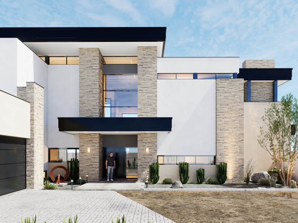 Réalisation d'une très grande façade de maison blanche design à un étage avec un revêtement mixte, un toit plat, un toit mixte et un toit blanc.